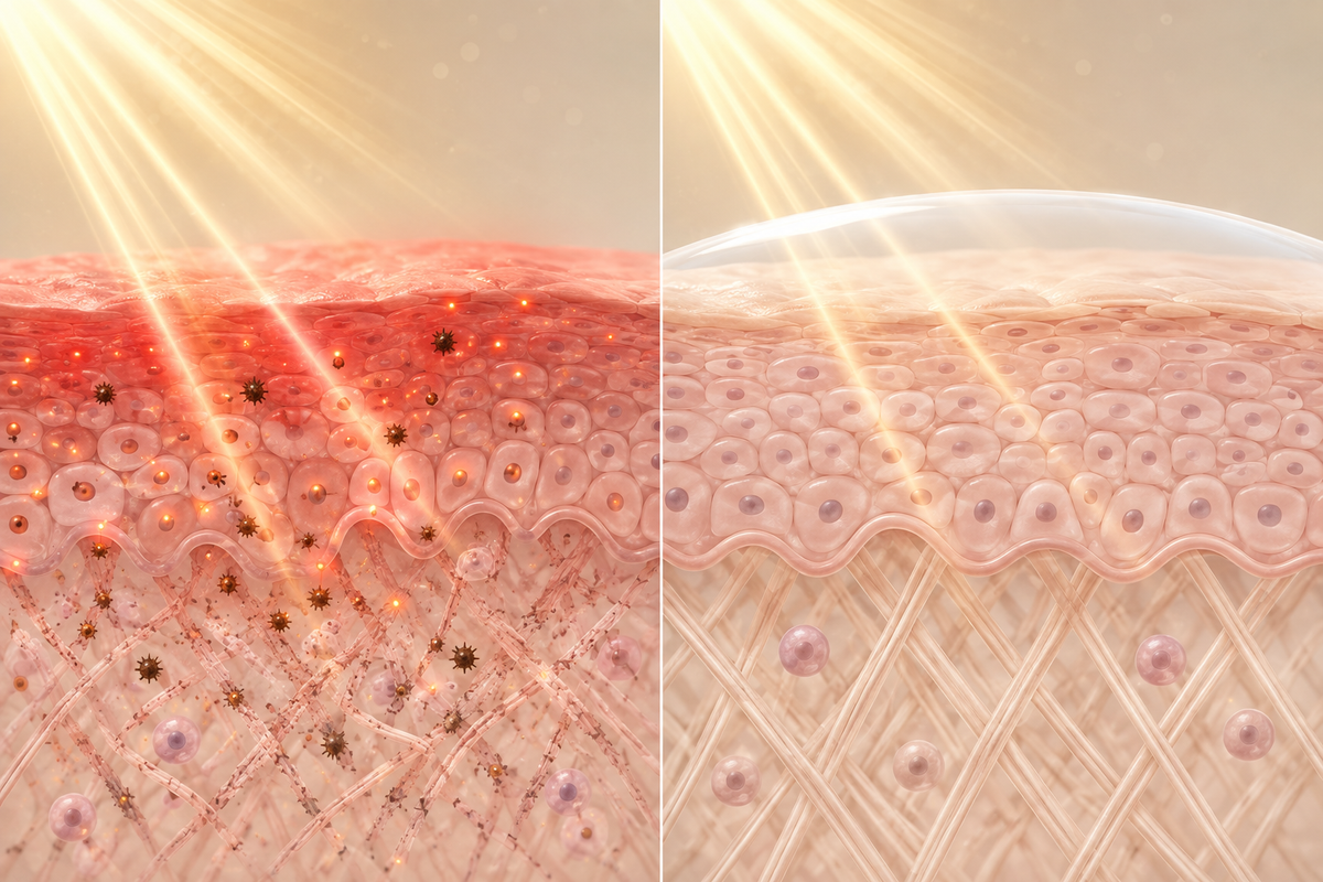 Scientific illustration comparing UV-exposed skin with and without daily photoprotection support